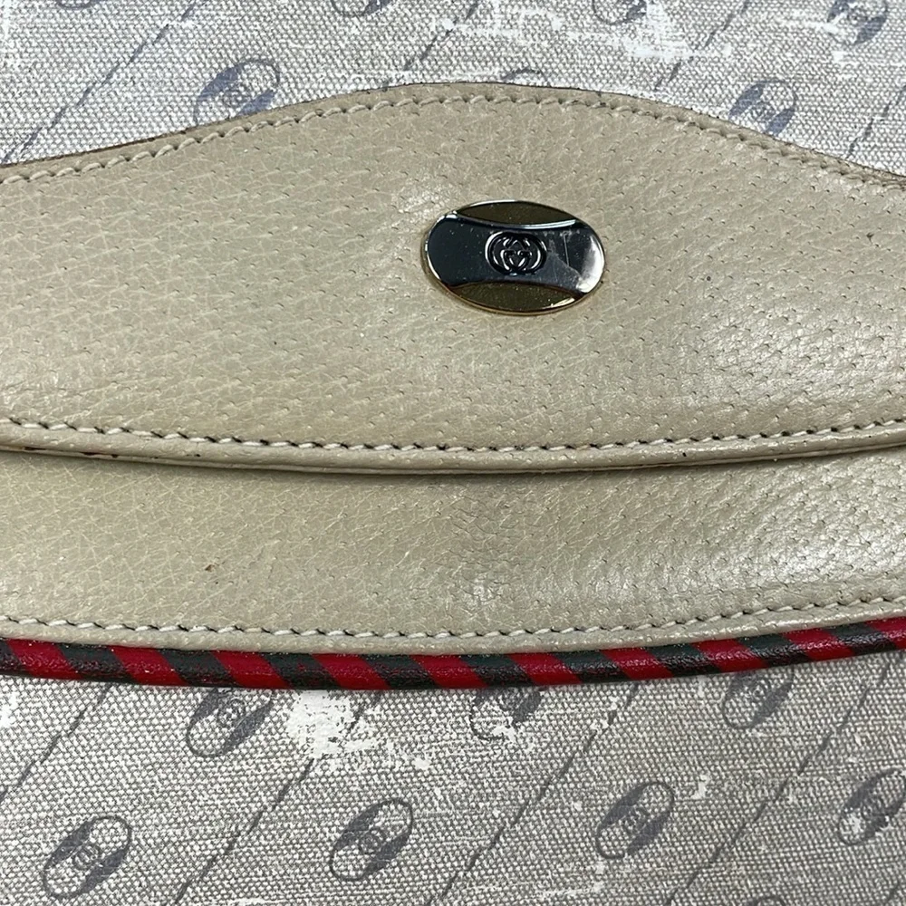 Vintage Gucci Beige Double Flap Clutch Bag Sherry Web Trim